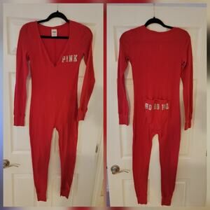Victorias Secret Pink One piece pajama XS Bling Long Jane Thermal Ho Ho Ho Red